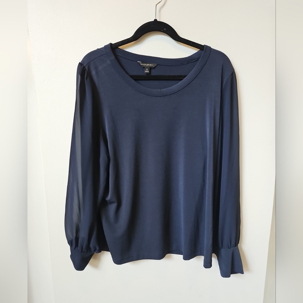 Banana Republic Womens XL Navy Blue Sheer sleeve Blouse Long Sleeve